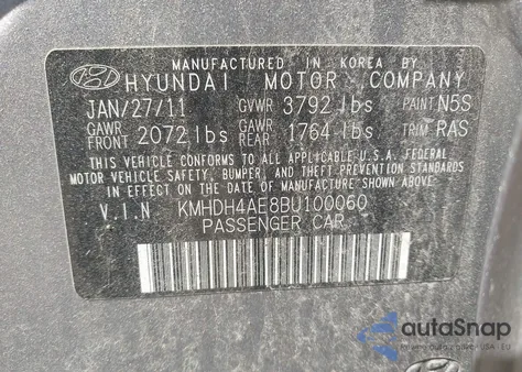 2011 Hyundai Elantra Gls (Ulsan Plant) from USA, damaged, VIN KMHDH4AE8BU100060